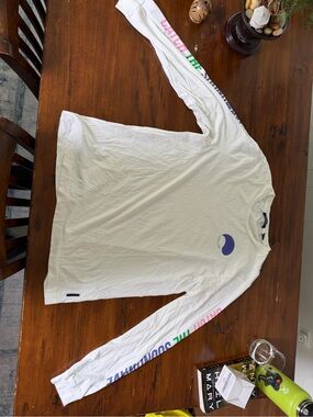 White Long-Sleeve Men’s Graphic Tee with Purple Accent
